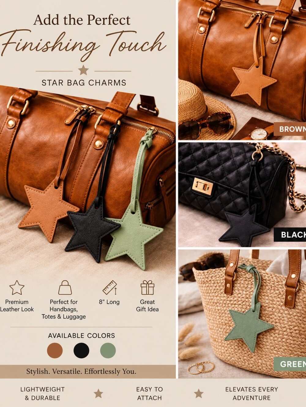 Star Bag Charm/Keychain - Black Or Green, Pick One, NEW